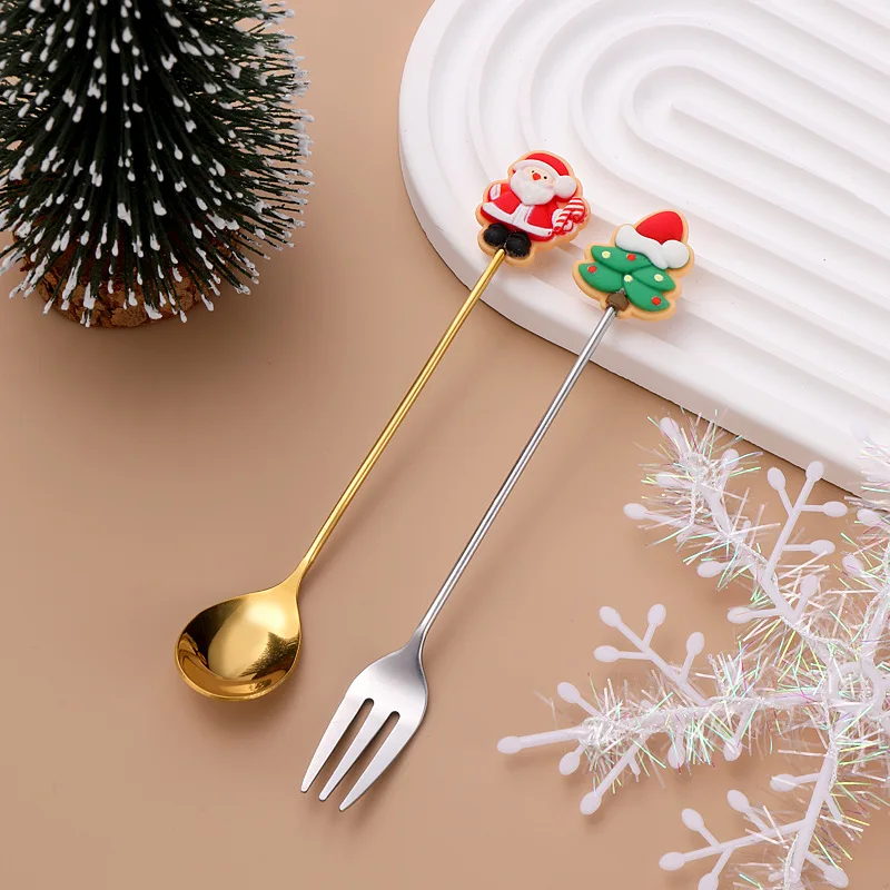 6Style Coffee Dessert Spoons Fork Christmas Tableware Set Xmas Gifts Fruit Fork Stirring Spoon Kitchen Accessories