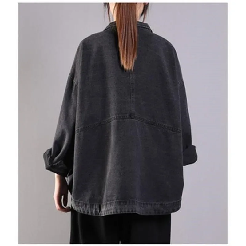 سترة دينم لخريف 2025 سترة نسائية فضفاضة كبيرة الحجم أدبية ورجعية من قماش الدنيم القديم بأكمام طويلة سترة قصيرة BF #2