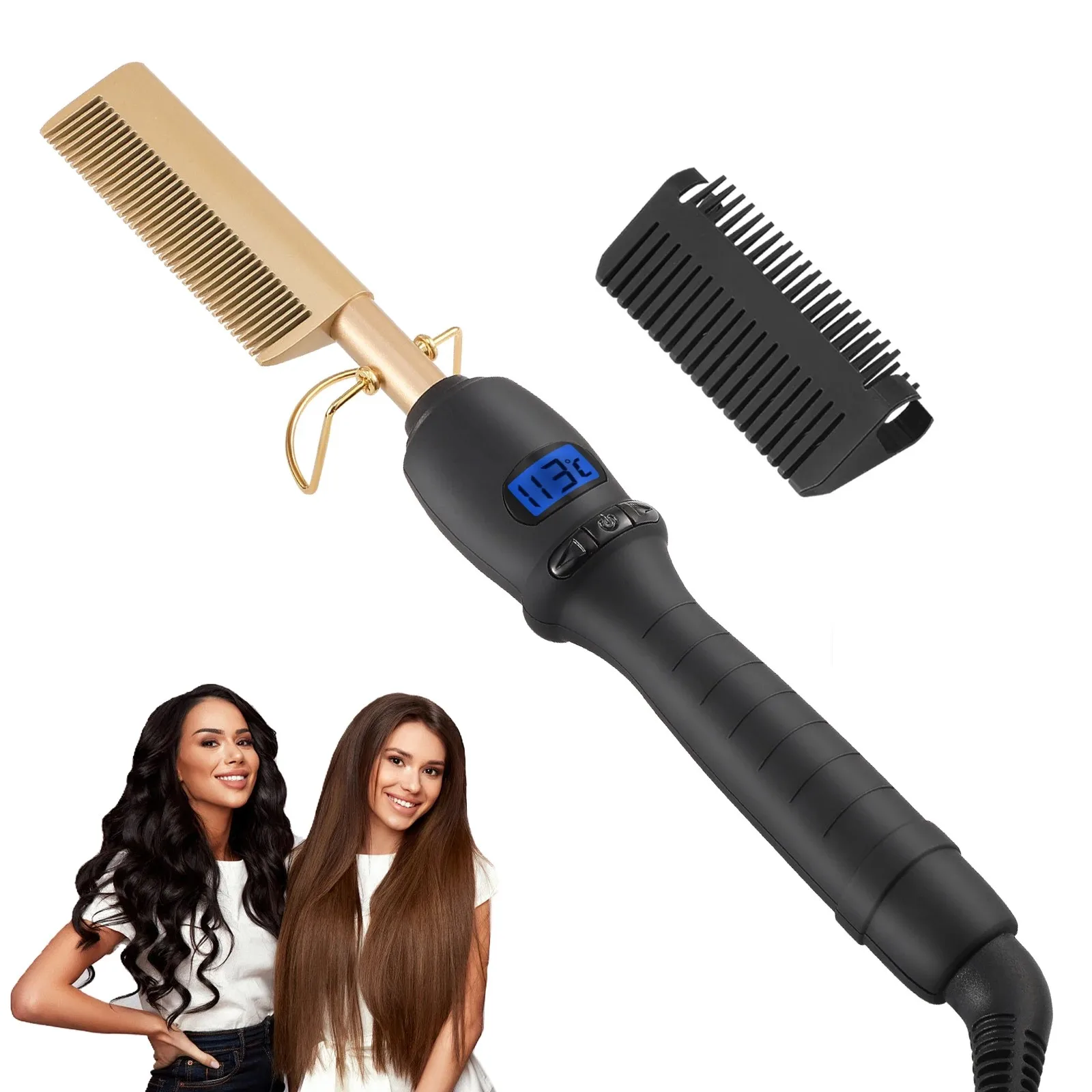 Dual Voltage Ceramic Pressing Comb - 450°F Fast Heating Straightening Comb 2-in-1 Hair Curler and Straightener Hot Comb