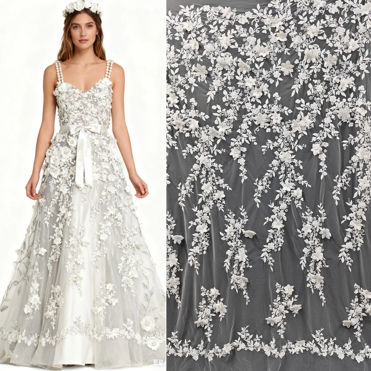 

New embroidered lace fabric with large flower branches and sequins high-end wedding dress with three-dimensional white decals
