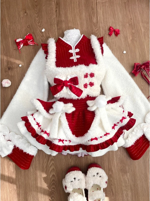 الشتاء احتفالي الحلو فتاة Cisas السنة الجديدة المخملية درع منتفخ تنورة المرأة Faion مجموعة المحملة قطعة زر متابعة طويلة Sve #4