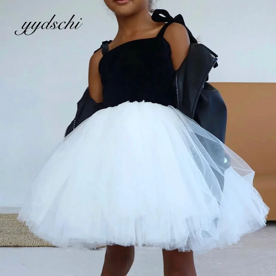 

Flower Girl Dress Party Kids Birthday Knee Length Black White Contrast Color A-Line Princess Lace Short Dresses Suede Ball Gown