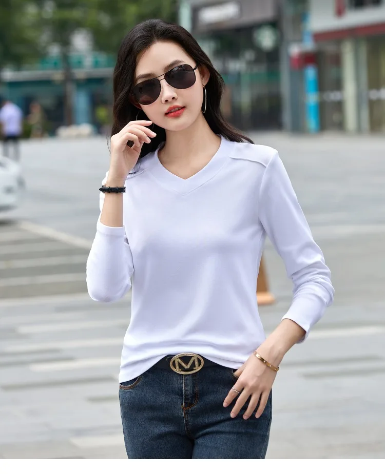 AOSSVIAO 2026 Damen Frühling Herbst 100% Baumwolle T-Shirt Basic Einfarbig Langarm Locker Sitzende Oberteile Shirts T-Shirt – Detail 15
