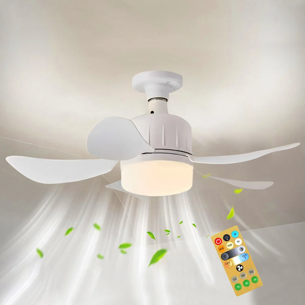 Ceiling Fan Lamp E27 Base Remote Control Chandelier Ceiling Fan 3 Colors Dimmable Light Bulb Fan with Socket for Kitchen Bedroom