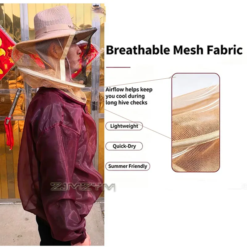 Unisex Breathable Half Body Beekeeping Jacket Wine Red Mesh Beekeeping Suit for Beekeepers Honey Harvest Hive Inspection