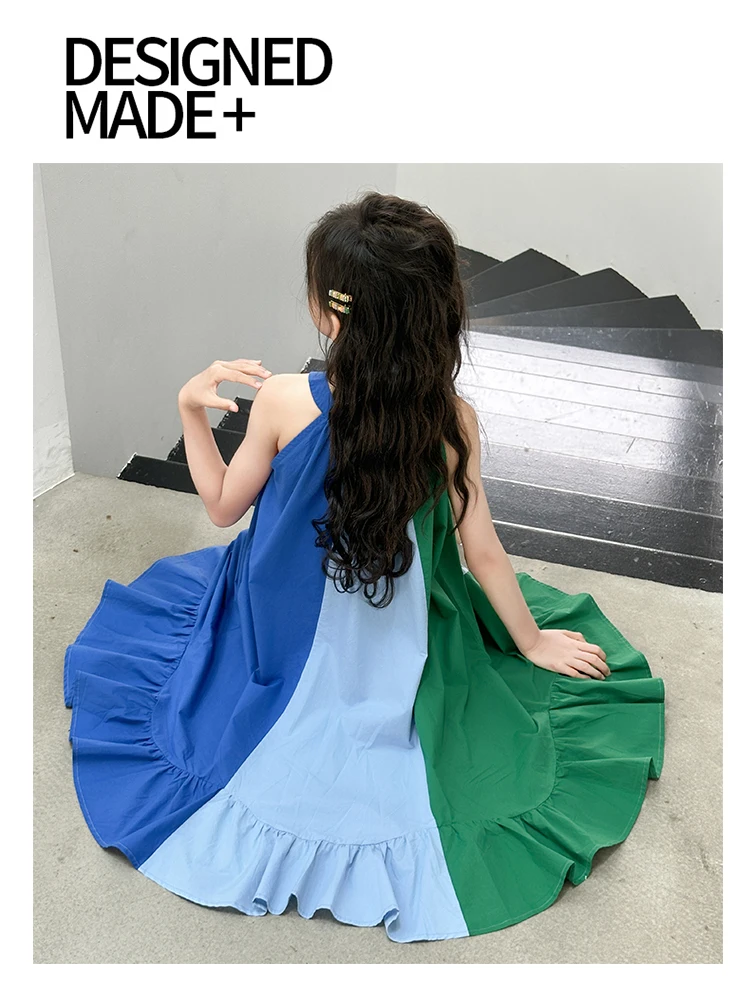 Mädchenkleid mit süßem Farbblock-Design für Sommerkostüme, Baumwolle, hohe Qualität, Kinderkleidung für Alter 7 8 9 10 12 14 Jahre – Detail 9