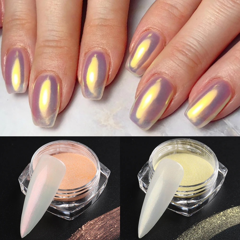 1Box Aurora Chrome proszek lustro tarcie pył różowy biały Shell perła paznokci Pigment kostki lodu paznokci opalizujący brokat Manicure NTXN