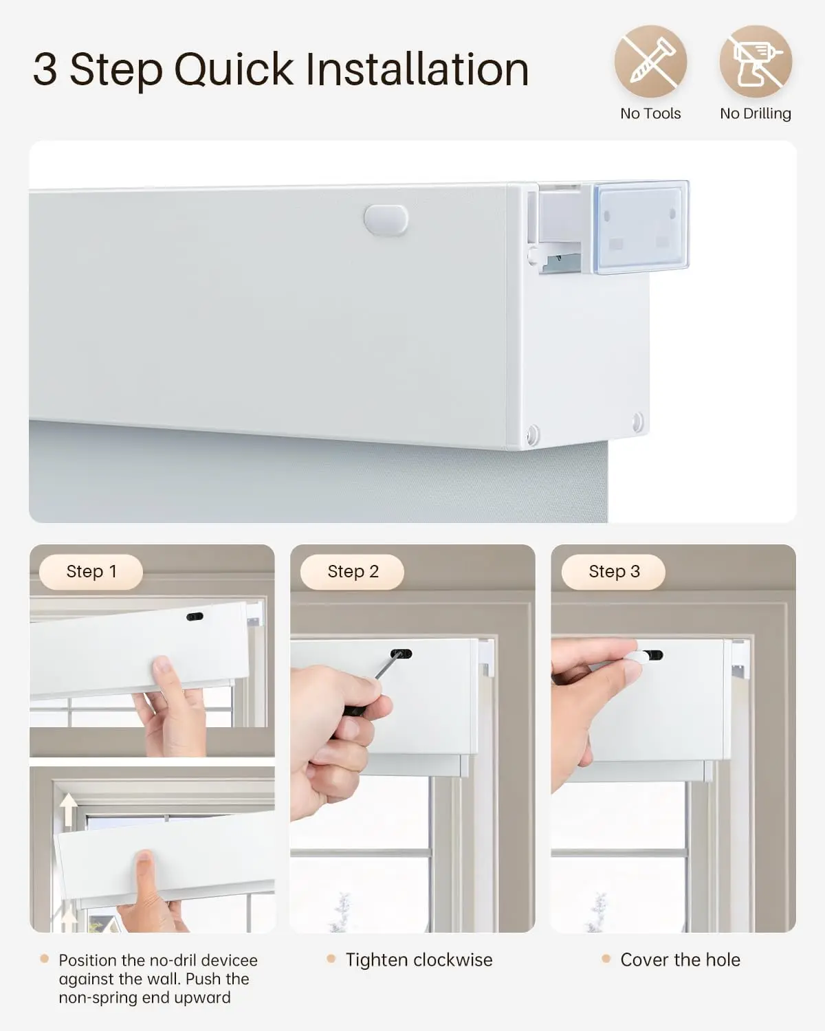 2026 Square Cover New Design No Drilling Aluminum Metal Frame Spring Control No Rope Pulling Roller Blinds For Windows view 6
