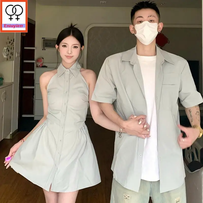 Matching Couple Hoodies Dress Lovers Clothes 2024 Summer Honeymoon Date Girls Solid Button Retro Sleeveless Shirt Dress