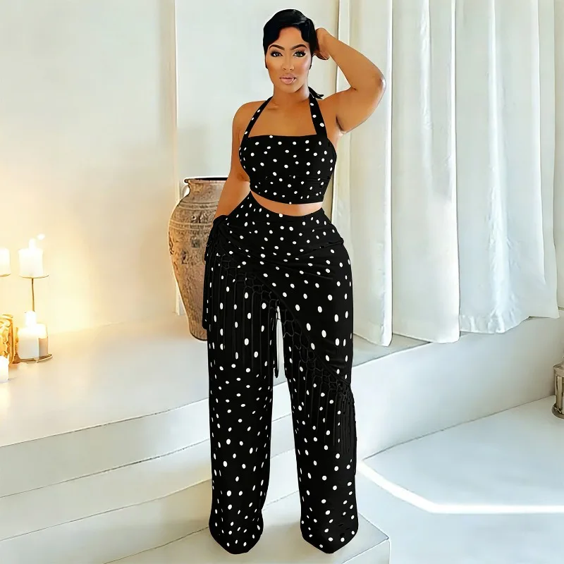 

KEXU Fashion Women's Two Pieces Sets Casual Thin Tassel Polka Dot Wide Leg Pants Set