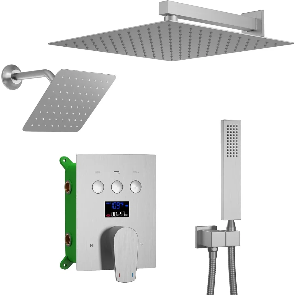 

Dual Rain Head Shower System Brushed Nickel Shower Faucet Set with Wall Mount 12 & 8 inch Two Full Body Shower Heads, Handheld