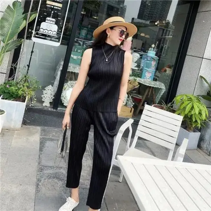 Sets Of Colthing Pleated Base Set Female Repair Summer Black Harlan Pants Vest Two-piece Of T Shirt Sleeveless O Neck T Shirt