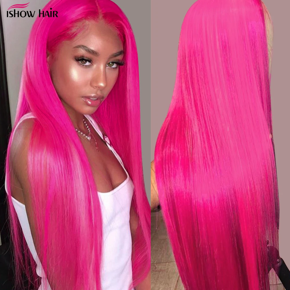 Ishow 30inch Hot Pink Wig 13x6 Transparent Lace Front Human Hair Wigs Colored Straight Human Hair Wigs For Women