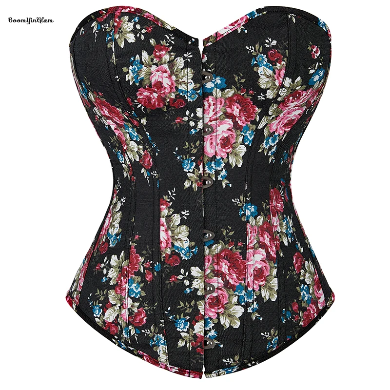 

Black Fashion Vintage Korset Women Plus Size S-xxl Denim Jeans Bodices Floral Print Lace Up Boned Overbust Corselet