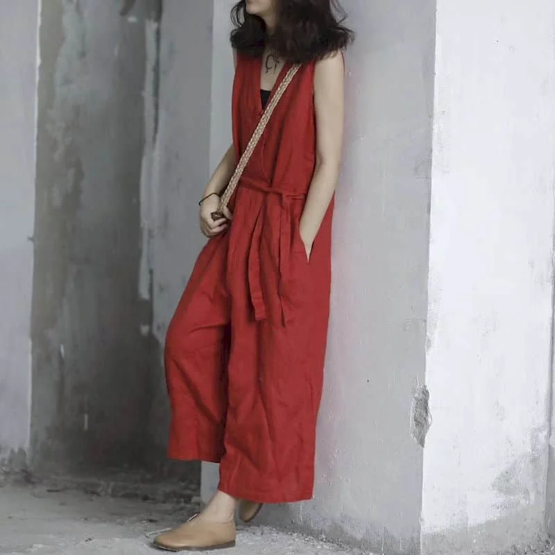 Cotton Linen Playsuits Women Aesthetic One Piece Outfit WomenKorean Style Jumpsuits Wide Leg Pants Overalls for Women Clothes