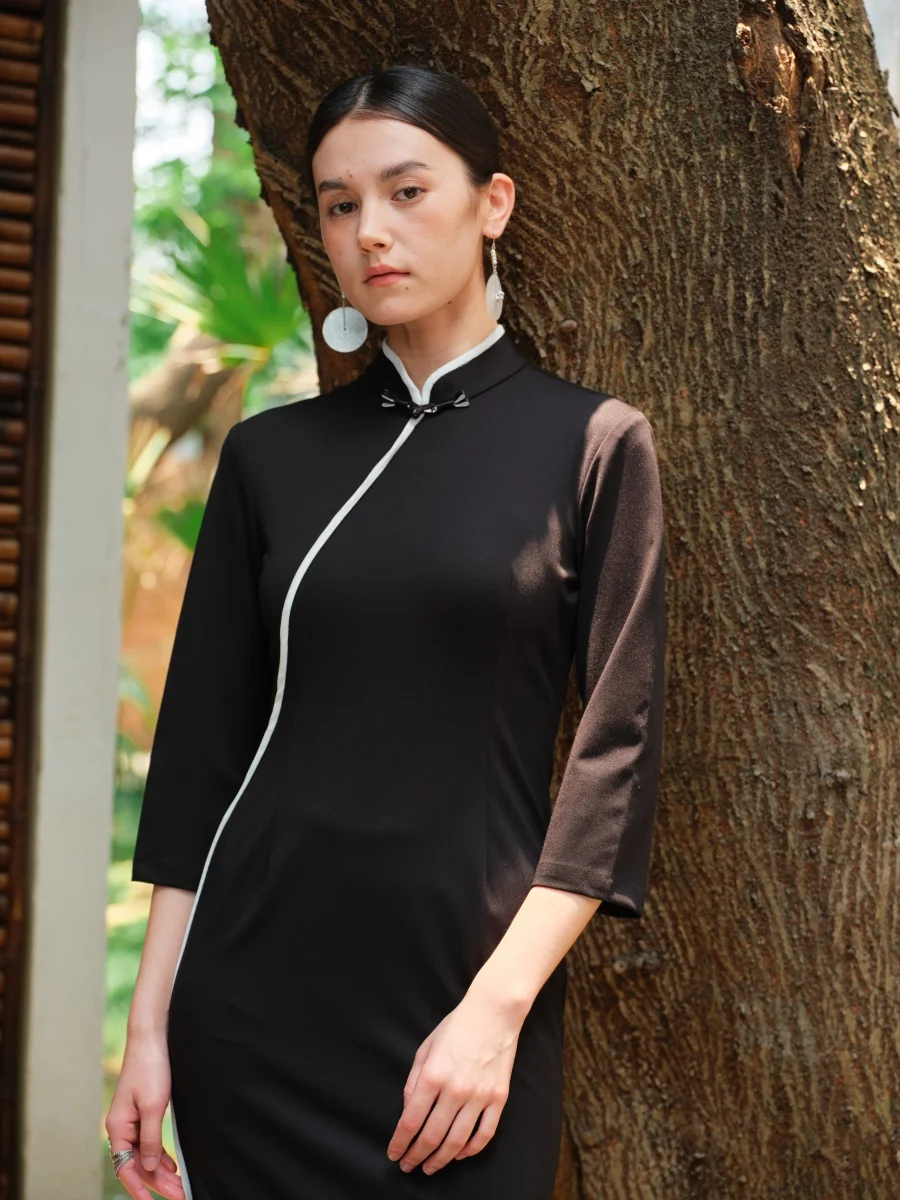 

TAORAN Retro Long Dr Knee-High Chinese Sle Base Layer Skirt for Autumn Winter Straight Collar Polyester Fiber