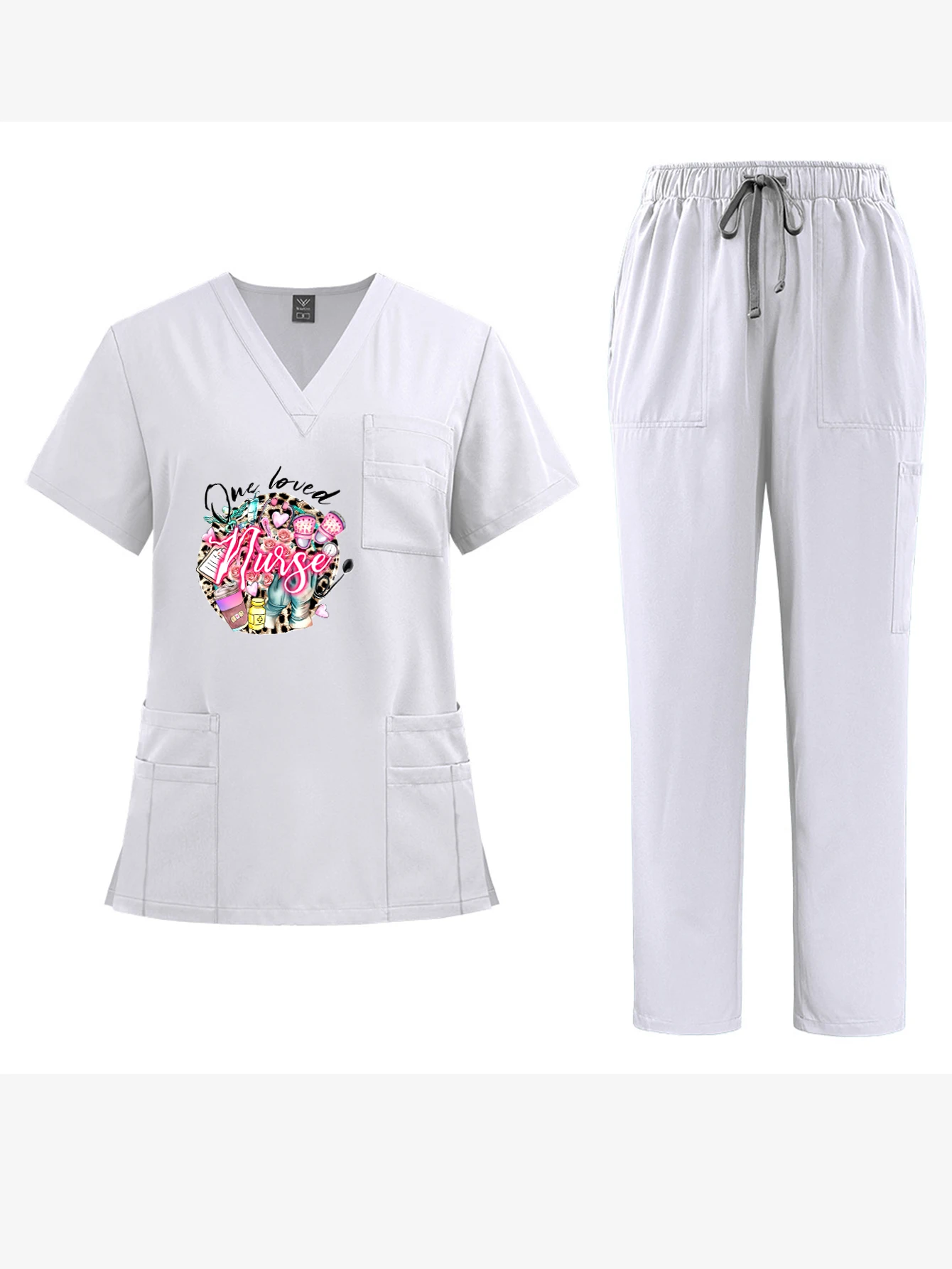 Op maat gemaakte gezondheidszorgkleding: unisex verpleegstersoverall met V-hals |   Desinfectiebestendige exclusieve printwerkkleding voor verzorgen en spa