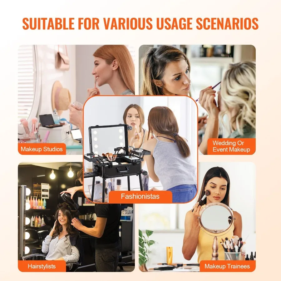 VEVOR Make-up-Zugetui mit Schloss, beleuchtetem Spiegel, 4 Aufbewahrungstabletts, Bürstenhalter, Reise-Kosmetik-Organizer, Box mit drehbaren Rädern, Pr