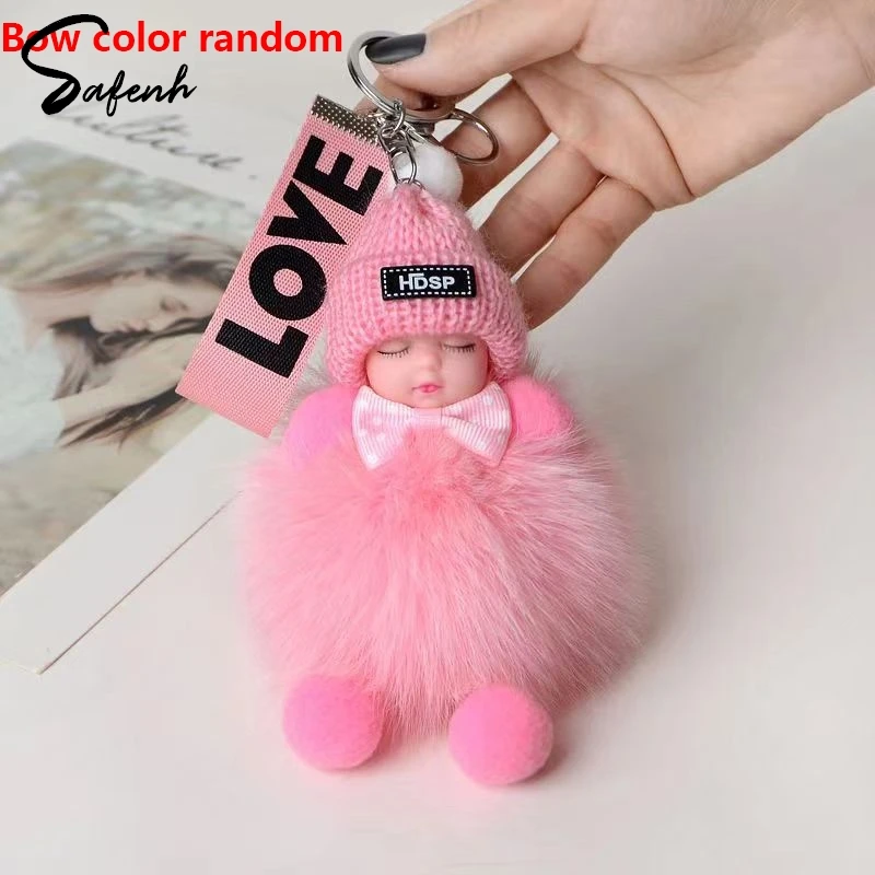 Sleeping Baby Keychain Cute Fluffy Plush Doll Pompom Pendant Key Chains For Women Girl Bags Decor Cars Keyring Gift Charm