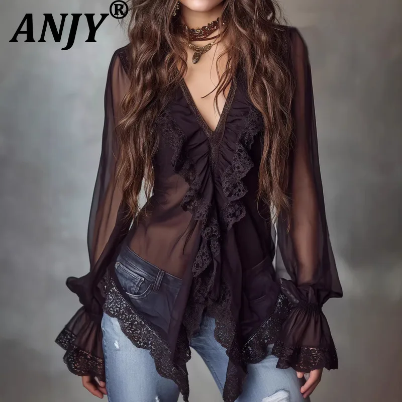 

ANJY Spring Summer New Women Bohemian Style Lace Patchwork Chiffon Sheer Long Sleeve Shirt Stylish Sexy Slim Trend Blouse A21776
