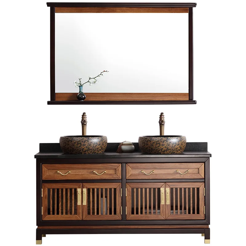 New Chinese Oak Ugyen Wood Double Basin Floor Bathroom Cabinet Washbasin Wash Firestone