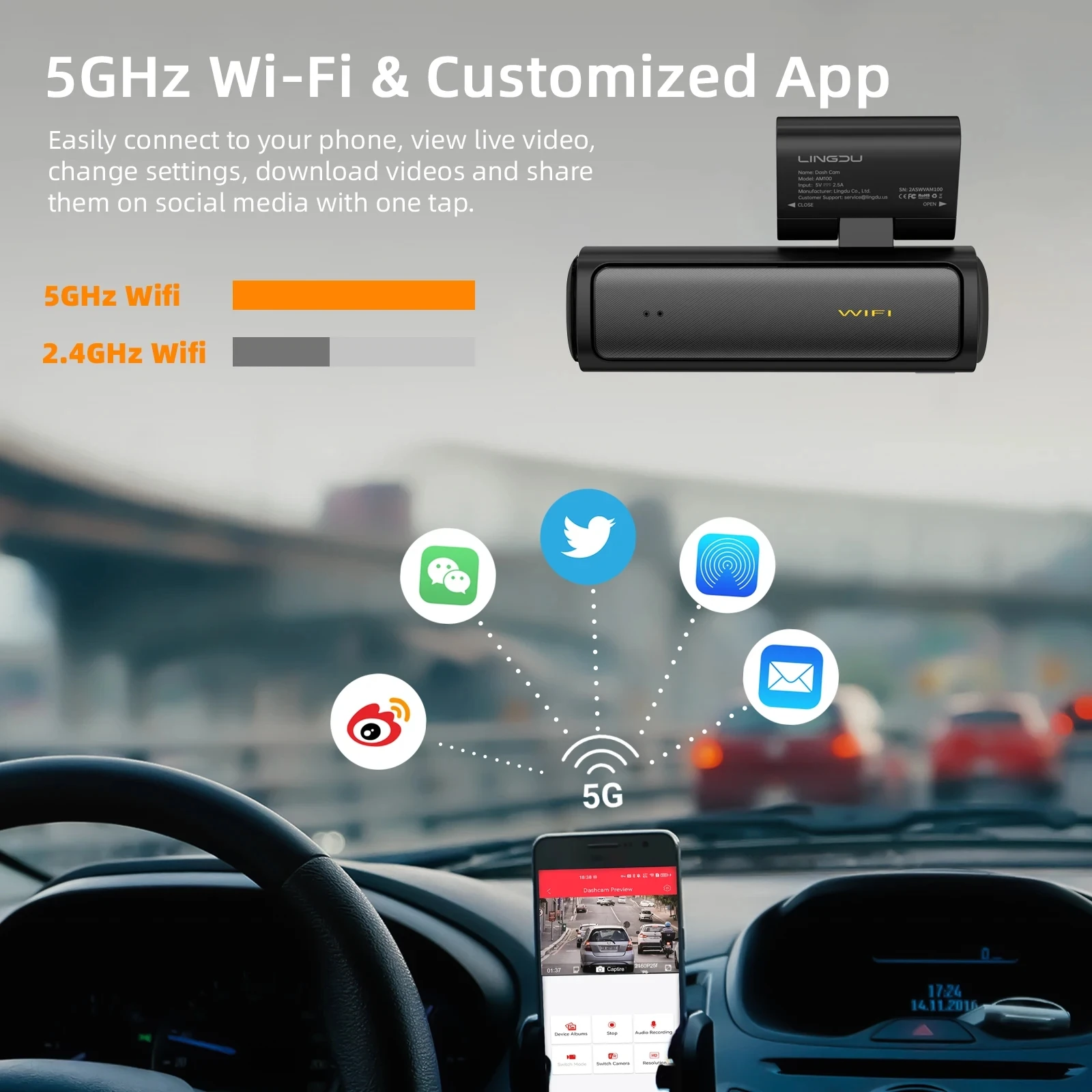 LINGDU AM100 4K Dash Cam ADAS GPS Camera Front 4K and Rear 1080P Car DVR 24H Parking Support Rear Interior Cam WIFI App Control