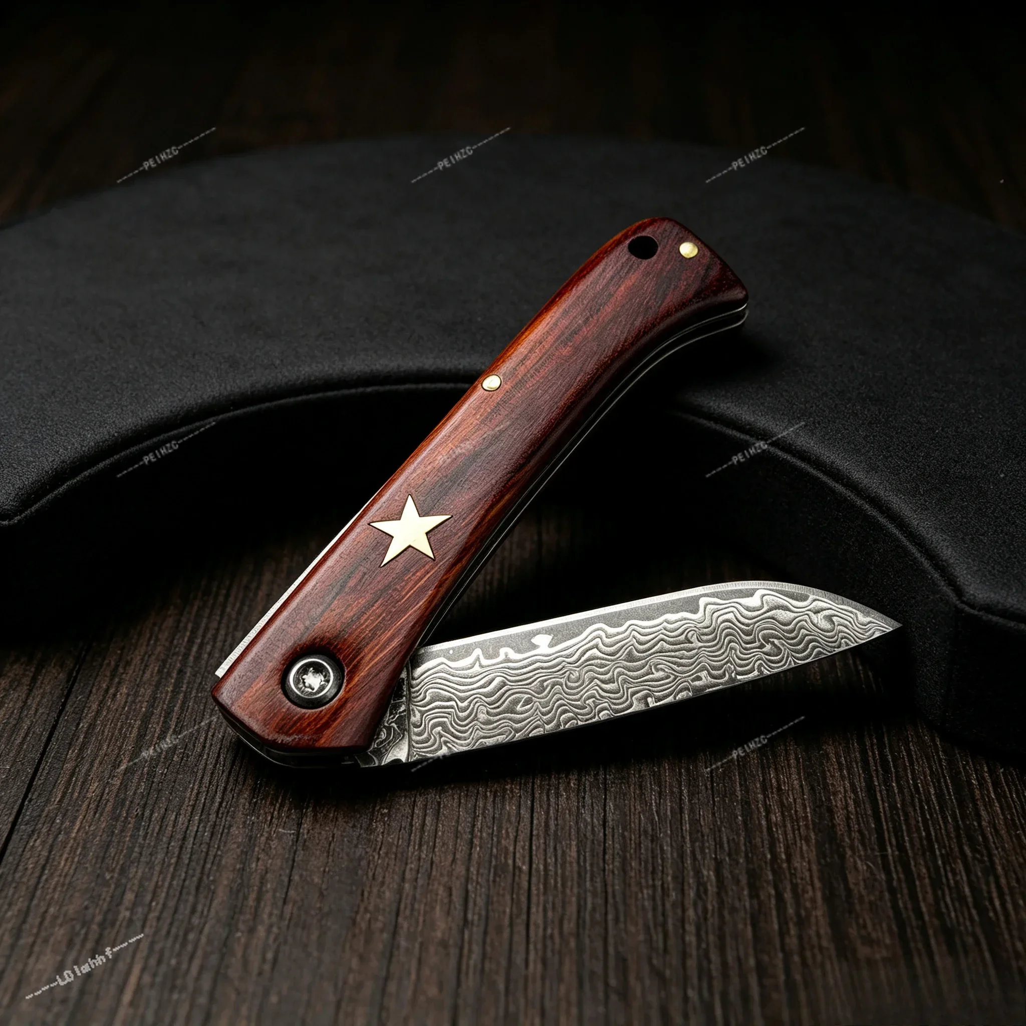 Wood Handle Folding Knife Damascus Steel Blade Suitable for Outdoor Camping and Daily Carrying  Lightweight and Durable