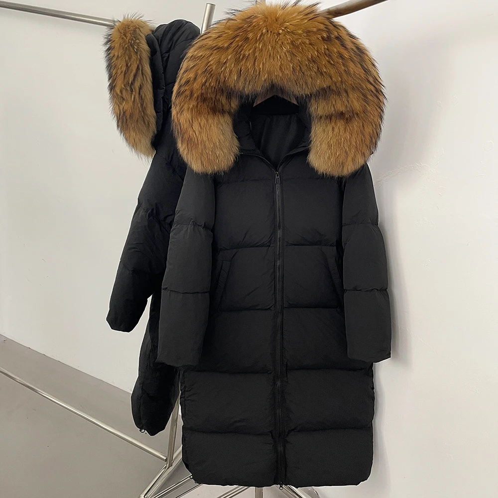 Women's Long Down Jacket with Natural Fur Collar Winter Warm Hooded Slim Fit Coat Lightweight Thermal Windproof Outdoor Overcoat view 3