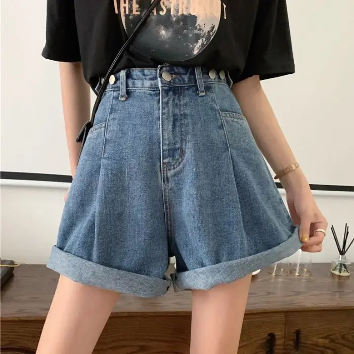 Instagram Denim Shorts, Loose Fitting Women\'s Summer New Retro High Waisted Wide Leg Pants Slimming and Versatile Hot Pants