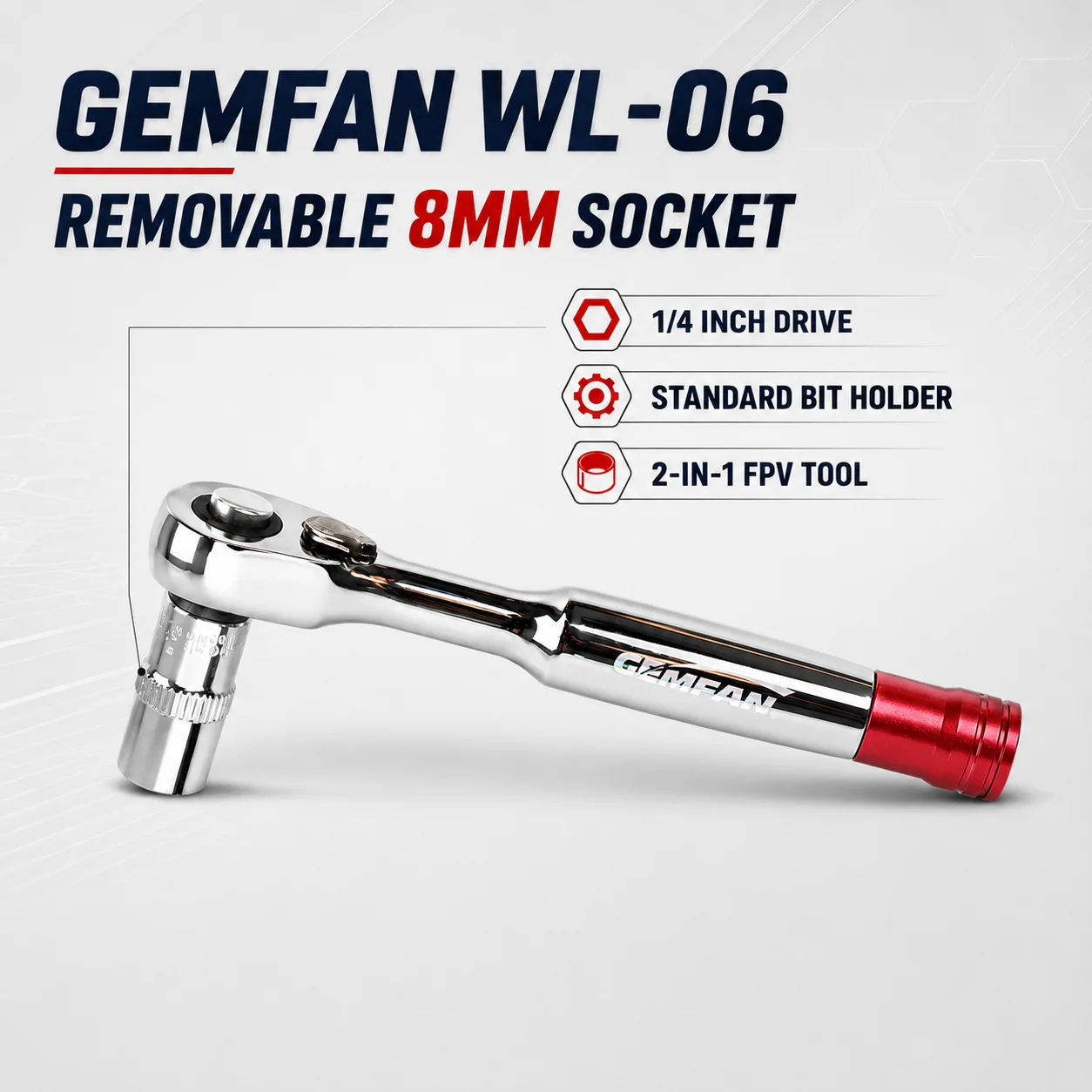 Gemfan WL-06 8mm FPV Prop Wrench Mini Ratchet Socket Tool 1/4 Inch Removable Driver For M5 Nut Brushless Motor Racing Drone Tool