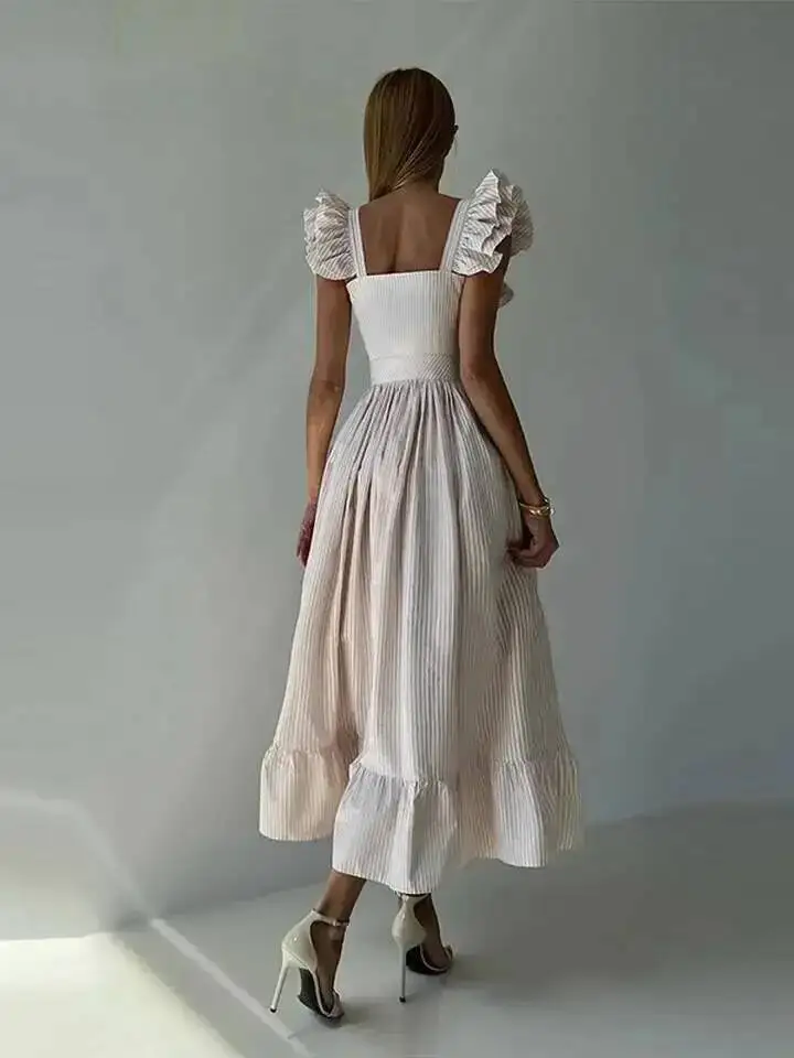 우아한 블루 스트라이프 프릴 버튼 롱 드레스 여성 스퀘어 넥 민소매 여성 드레스 여름 해변 파티 레이디 로브 ZBR8