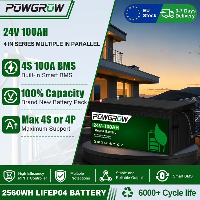 Image of POWGROW 12V 24V 100Ah 300Ah Deep-Cycle-LiFePO4-Batterie mit integriertem BMS-Schutz, 6000+ Zyklen für Solarwechselrichter und netzunabhängige Stromversorgung