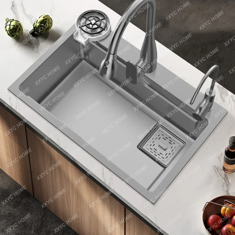 

Gray Sus304 Stainless Steel Nano Kitchen Sink Waterfall Large Single Sink Handmade Sink Washing Basin cocina accesorio