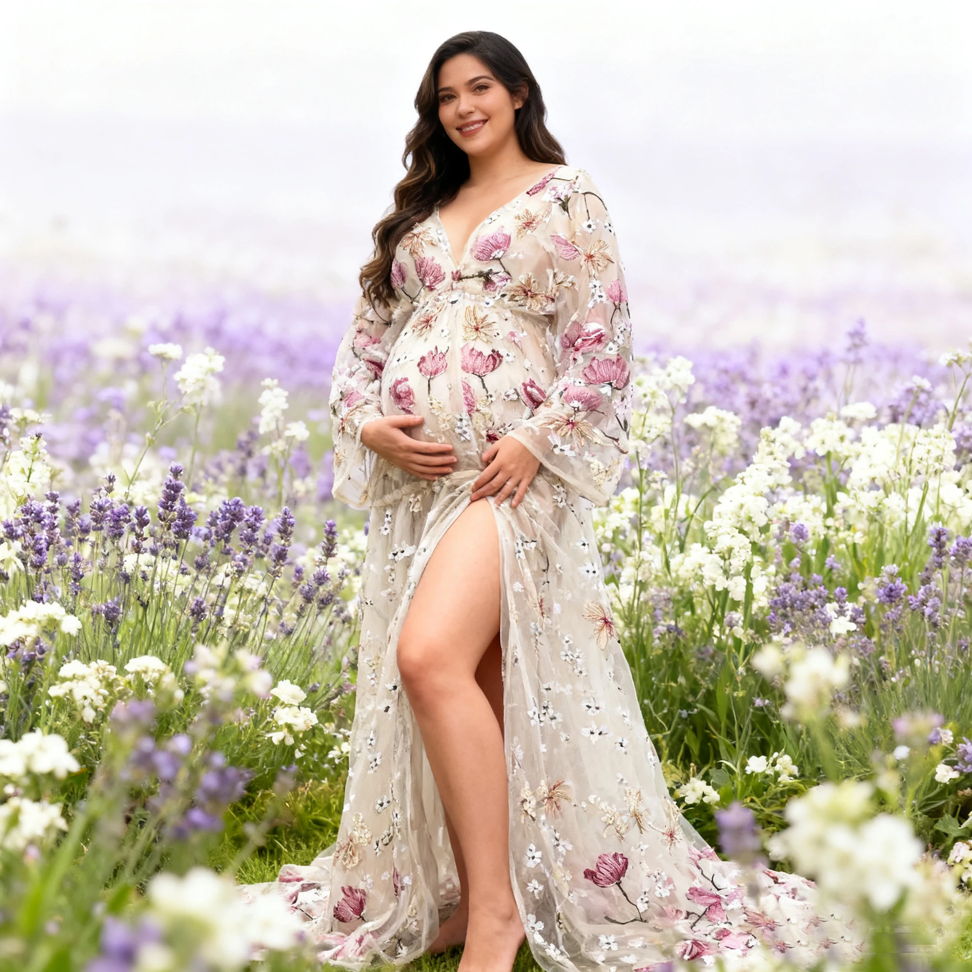 Don&Judy Butterfly Appliqués and Bell Sleeves Sheer Embroidered Kimono-Style Robe with Floral Dress Bridal Party Evening Gown