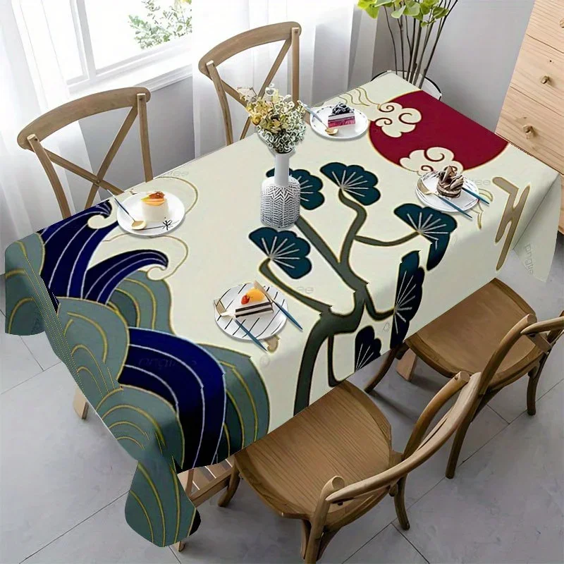 1pc Soft, Fashionable and Beautiful Japanese Wave Red Sun Pine Pattern Tablecloth, Durable Polyesterxzj