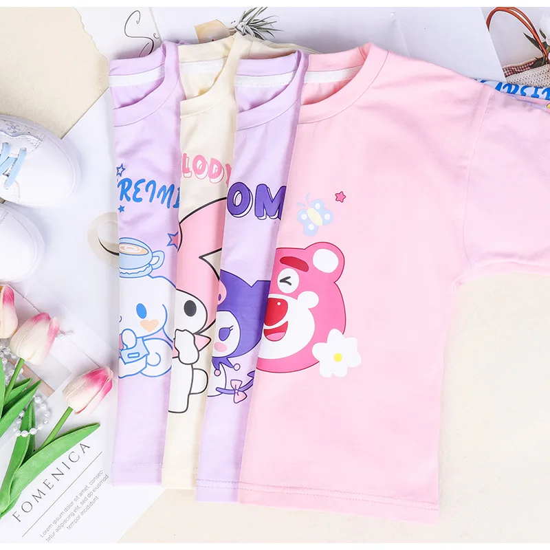 Sanrio Anime Kuromi Cinnamoroll My Melody Children Long Sleeve T-Shirt Autumn Fake Two Casual Cotton Tops Kids Clothes Girl Gift