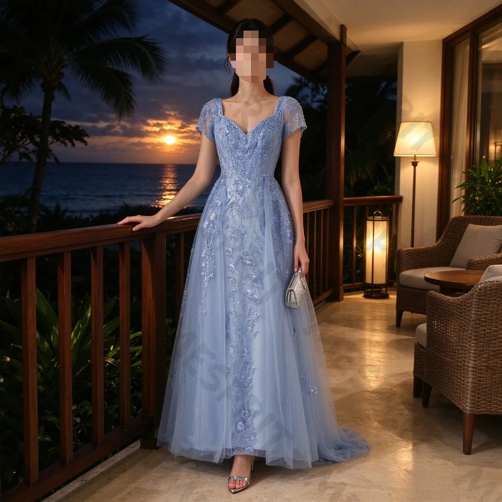 Customized Blue Chiffon Formal Evening Dress 2026 Hooded Sleeves V-neck A-line Pleated Ball Gown Suitable for Luxury Parties