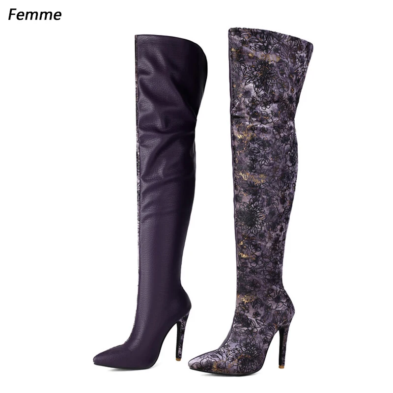 Women's Handmade Purple Over-the-Knee Boots: High Heel Design with Elegant Floral Embroidery, Perfect for Evening Size 35-47