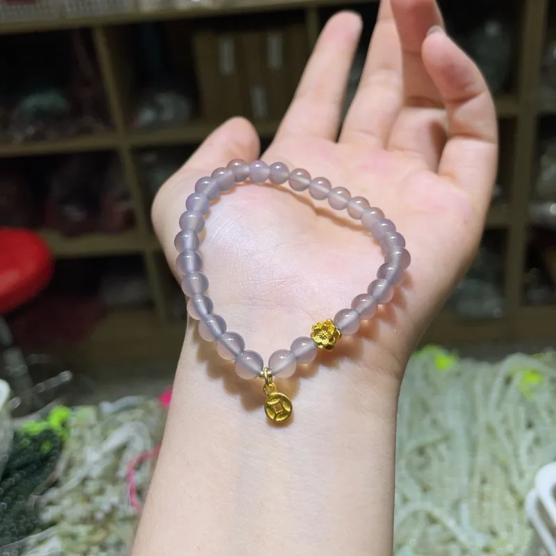 

Natural Gray Agate Lotus Coin Bracelet New Chinese Women's Bracelet Wholesale