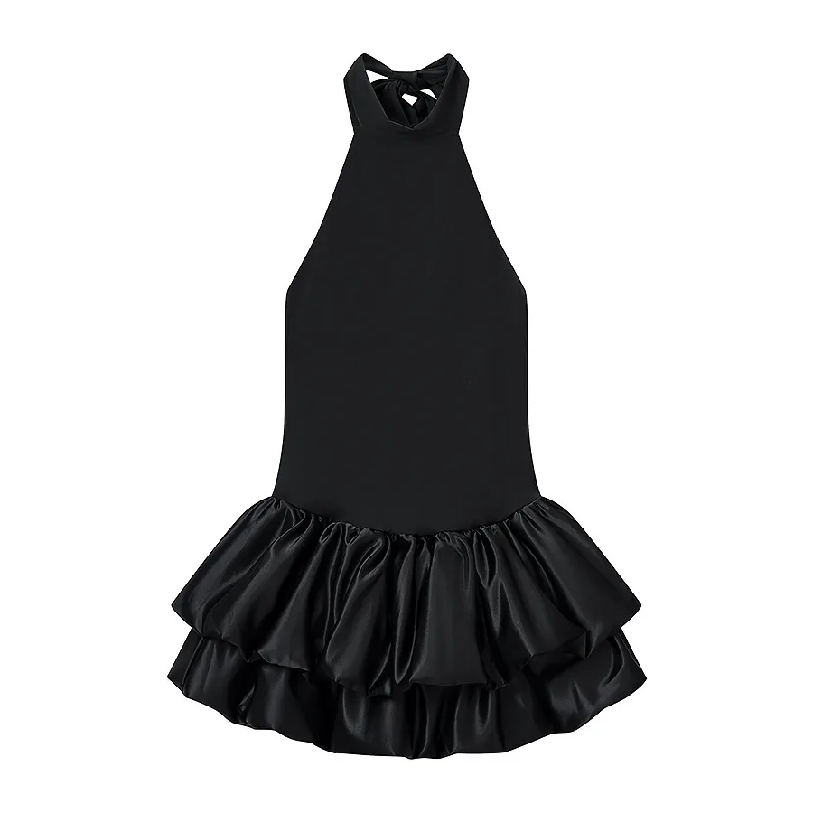 Elegantes Einfarbiges Neckholder-Minikleid mit Rückenausschnitt, Süßer Verzierter Stufenrock mit Rüschen, Damenkleid für Abendpartys, Club und Abschlussball – Detail 9