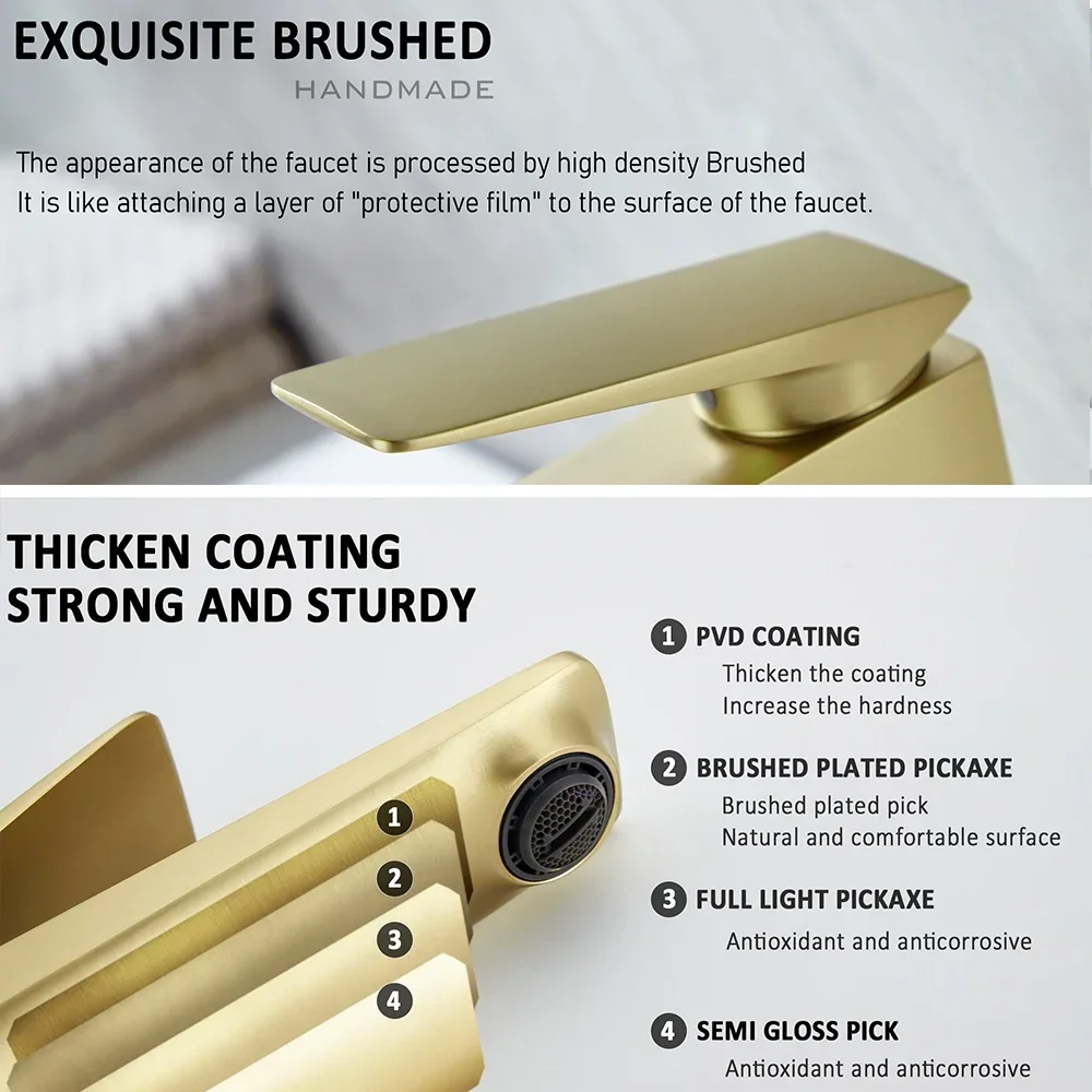 Bagnolux Brushed Gold Matt Black Brass Casting Deck Mounted Bathroom Basin Faucet Single Handle Mixer Hot and Cold Water Taps view 6