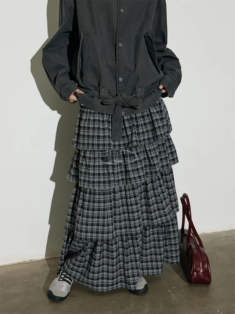 

BMLT Autumn New Plaid Cake Skirt High Waist Puffy Half-length Vintage Long Skirt Women's High Waist Polyester Blend Skirt
