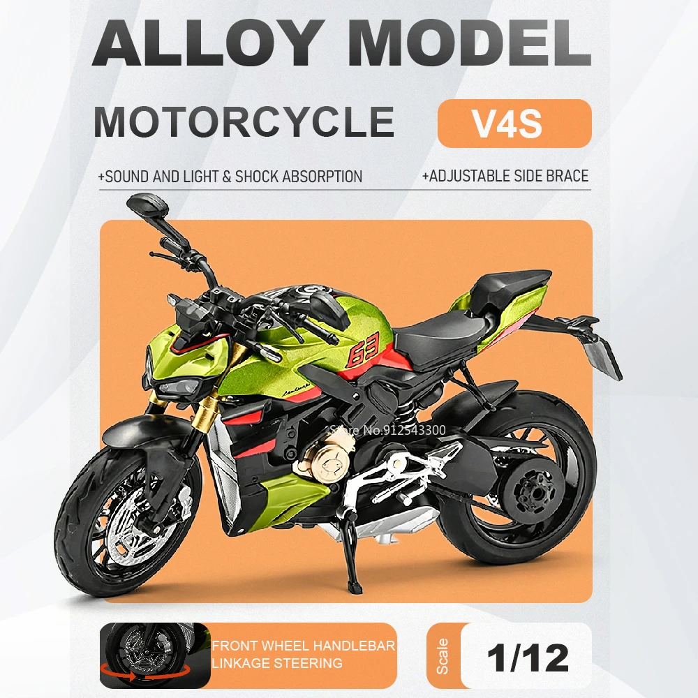 

Модель мотоцикла V4S 1199 в масштабе 1:12, игрушечный мотоцикл из сплава с подвижным рулевым управлением, звуком и светом, модель для офисного стола