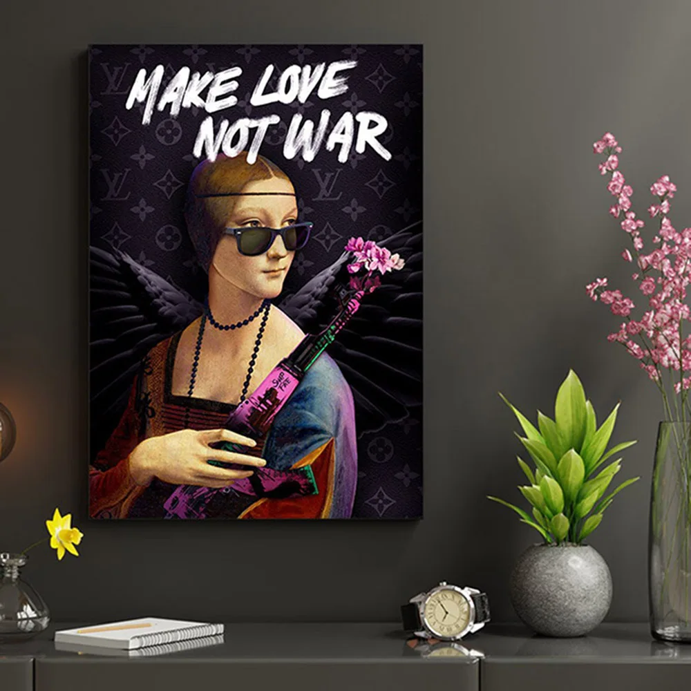 Make Love Not War Quote Poster Altered Ermine Lady Portrait Painting Pop Wall Art Canvas Prints Room Home Decor Picture Cuadros