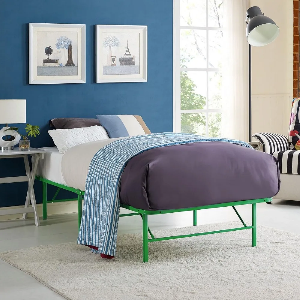Twin Size Folding Metal Bed Frame with Green Mattress Support, Box Spring Alternative