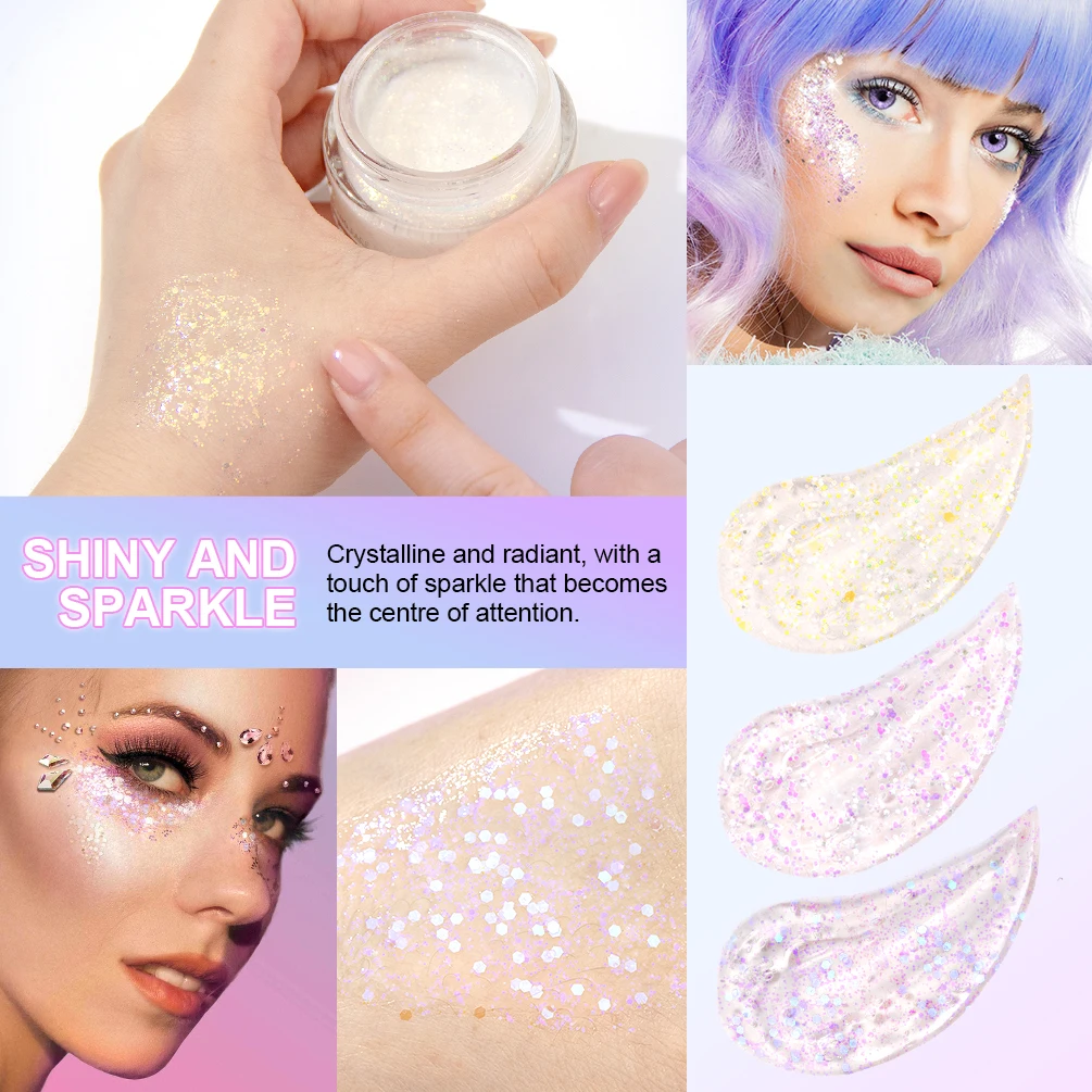 QIBEST Body Glitter Gel Mermaid Sequin Chunky Glitter Face Hair Nail Lip Glitter Gel Lasting Sparkling Lotion Glitter Eye Makeup