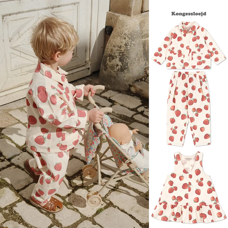 

2025 New Spring Strawberry Print Kids Girls Clothes KS Fashion Casual Boys' Shirts Jacket Pants Cute Sweet Girls' Dresses