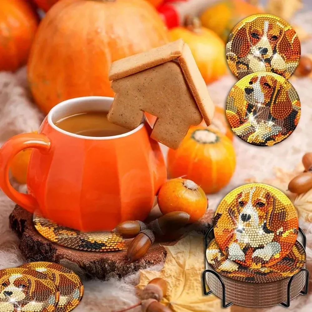8 pieces/set of animal puppy diamond painting coaster set, DIY coaster with holder for beginners, art and craft gift