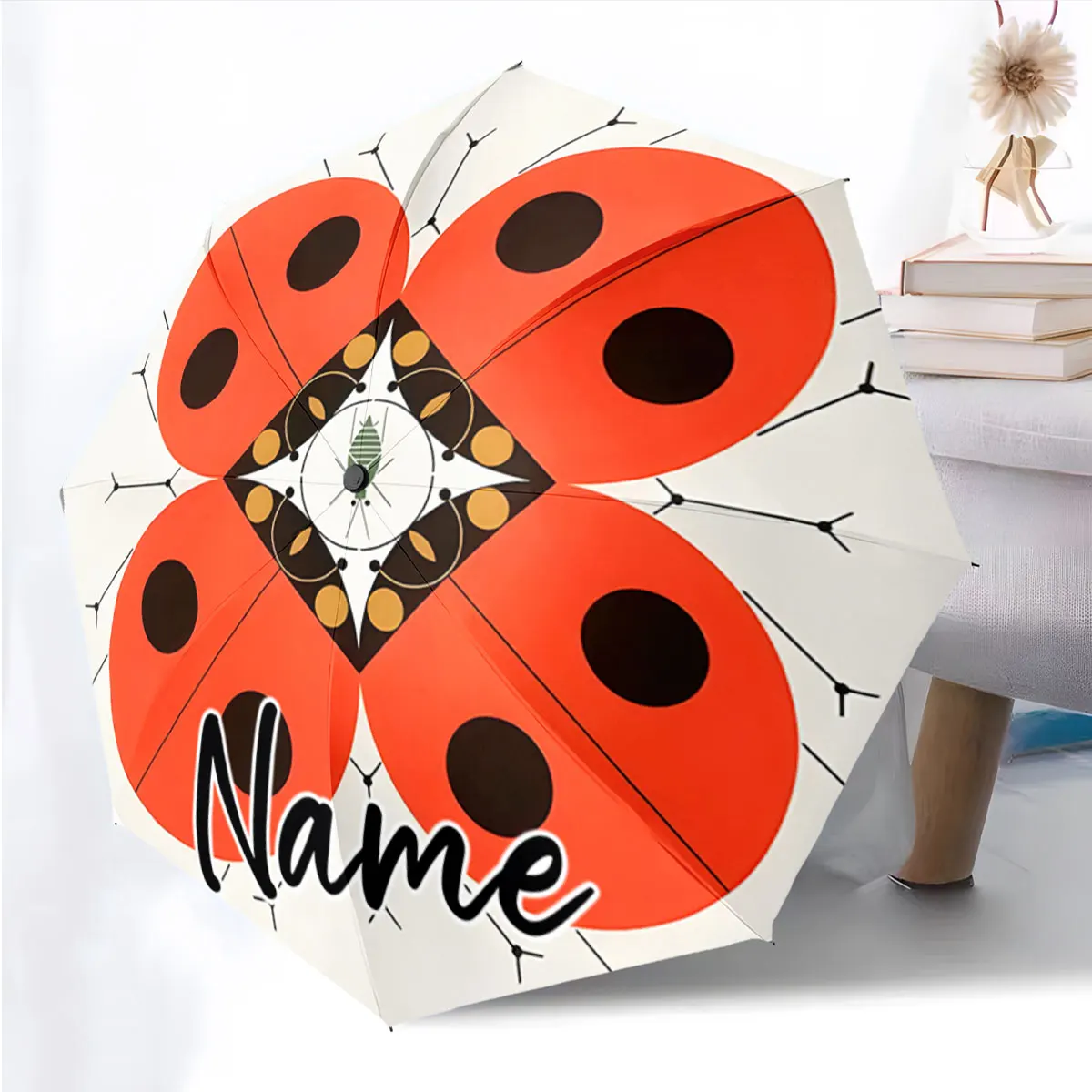 Custom Name Ladybug Patterned Umbrella Design Print 8 Iron Ribs Folding Umbrella, Auto-Open Fashion Sunshade
