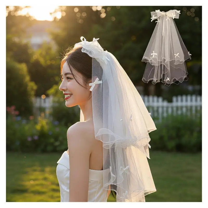 Kurzer weißer Tüll-Brautschleier mit Haarspange für Hochzeit, Junggesellinnenabschied, Haarschmuck, Foto-Shooting-Requisite – Detail 5